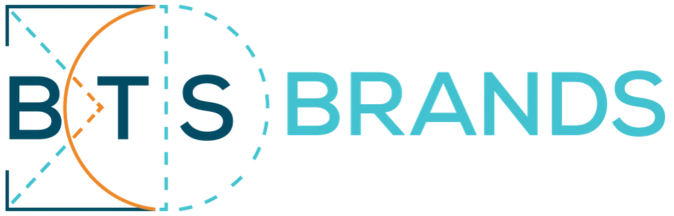 The finished BTS Brands lockup in color — navy letters, teal and orange construction lines